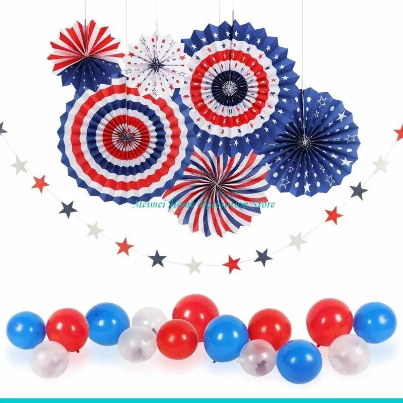 H7BF American Independence Day Paper Fan 6pcs/set Party String Flags for Banner Decor for 4 of July Memorial Day Wall