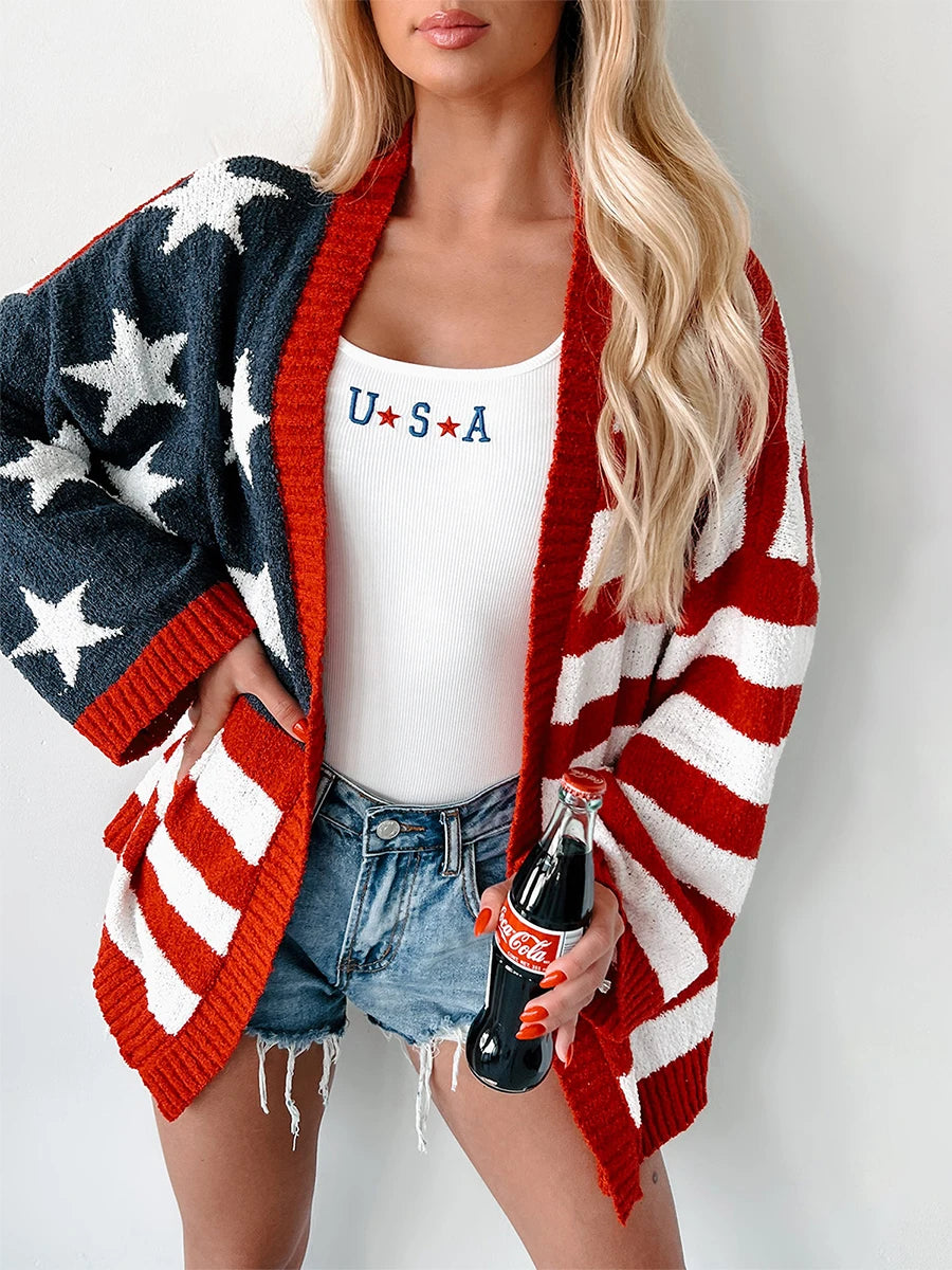 Women's Chic Flag Sweaters Cardigans 4th of July Long Sleeve Sweater Cardigans Open Front Knitwear Coat Tops