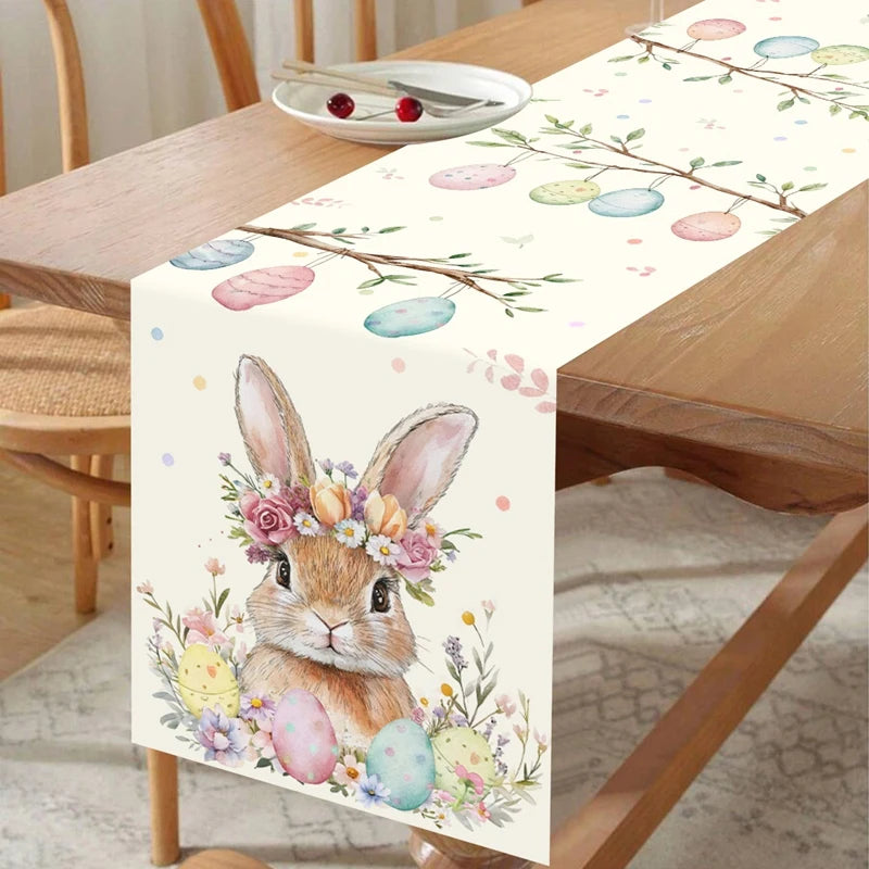 Easter Bunny Table Runner Rabbit Eggs Flower Table Cover Spring Holiday Easter Decorations For Home Kitchen Dining Table Decor