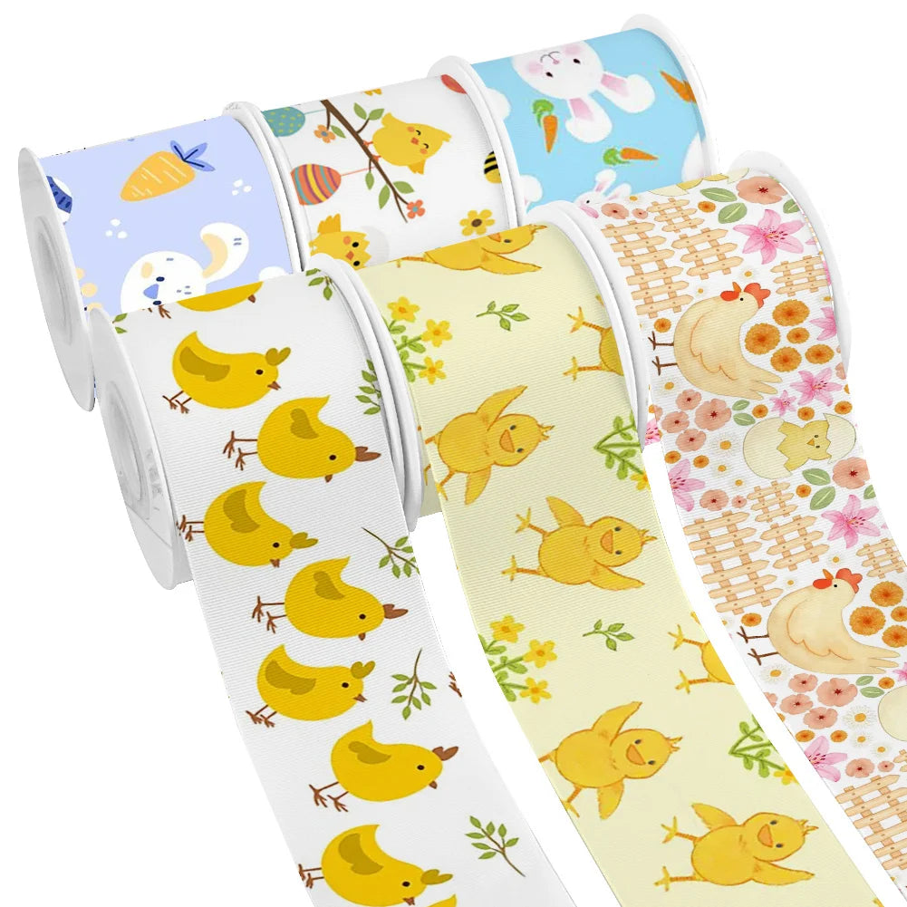 Spring Rabbit Easter Day Chick Cartoon Printed Grosgrain Satin Ribbon for Gift Wrapping Hair Bow Craft Accessory
