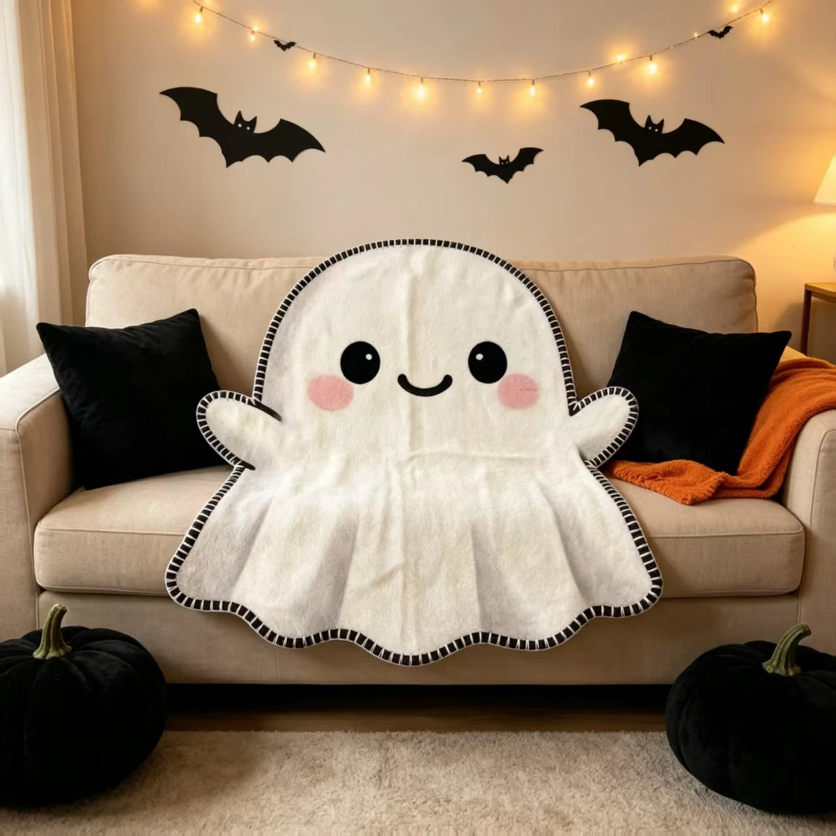 Halloween Flannel Blanket Cute Ghost Irregular Blanket, Flannel Blanket Pumpkin Bat Web Halloween Blanket for Home Decora Gift
