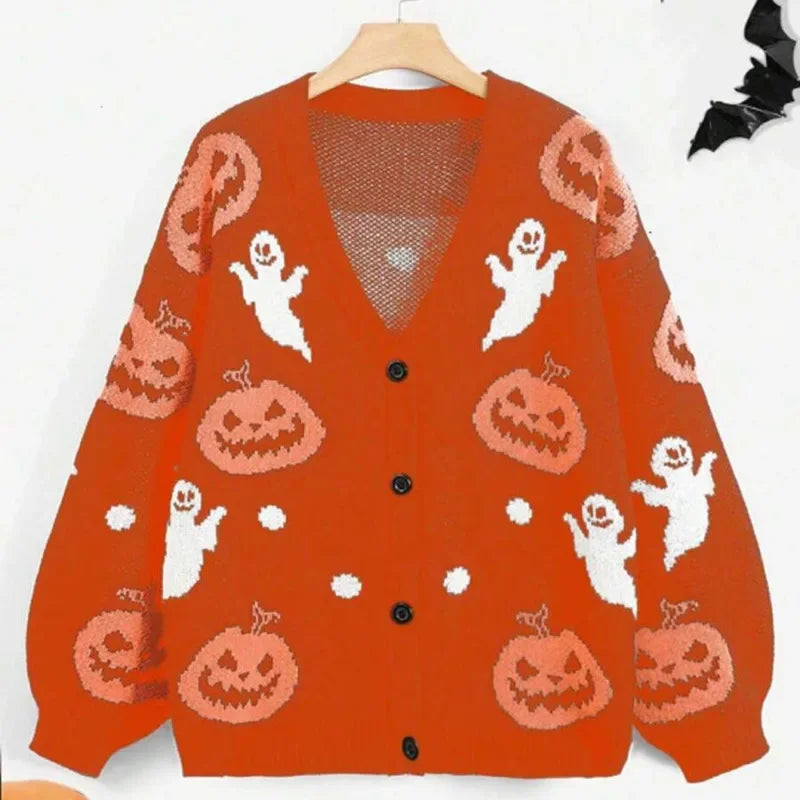 V Neck Cardigan Sweater Length Pumpkin Print Chunky Striped Loose Coat For Women Halloween Casual Autumn Outerwear