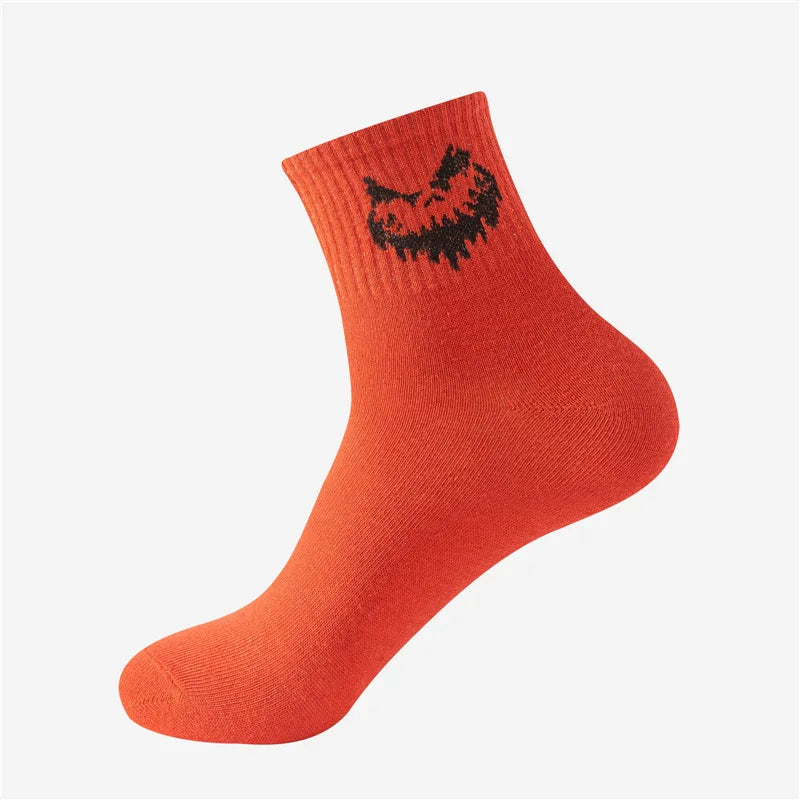 5-Pair Halloween Novelty Socks for Men: Spooky Designs, Breathable Cotton, Mid-Calf, Party Favors