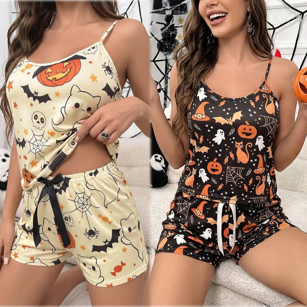 Halloween Print Cami Pajama Set, 2Pcs Spooky Pumpkin Ghost Shorts Loungewear for Women