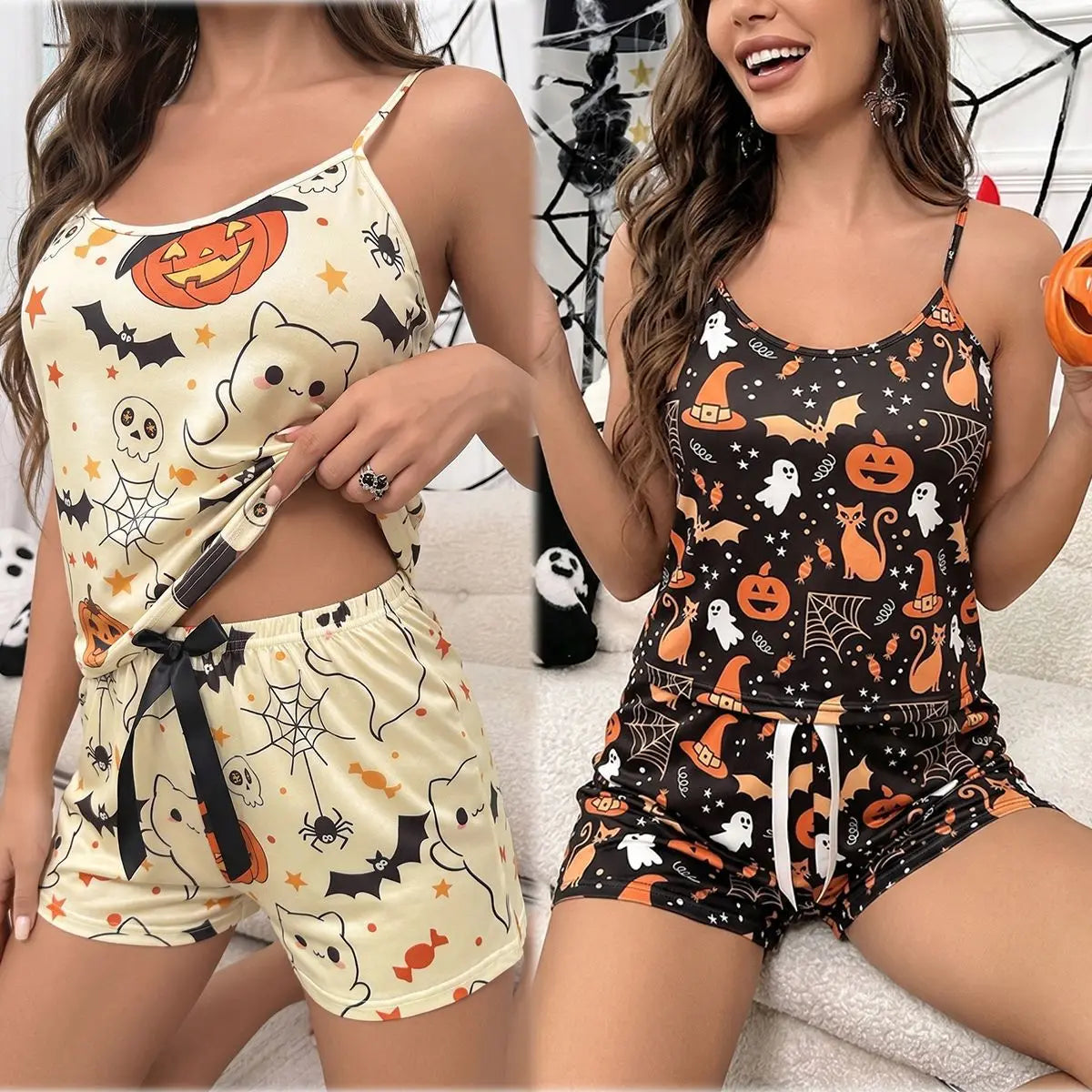 Halloween Print Cami Pajama Set, 2Pcs Spooky Pumpkin Ghost Shorts Loungewear for Women