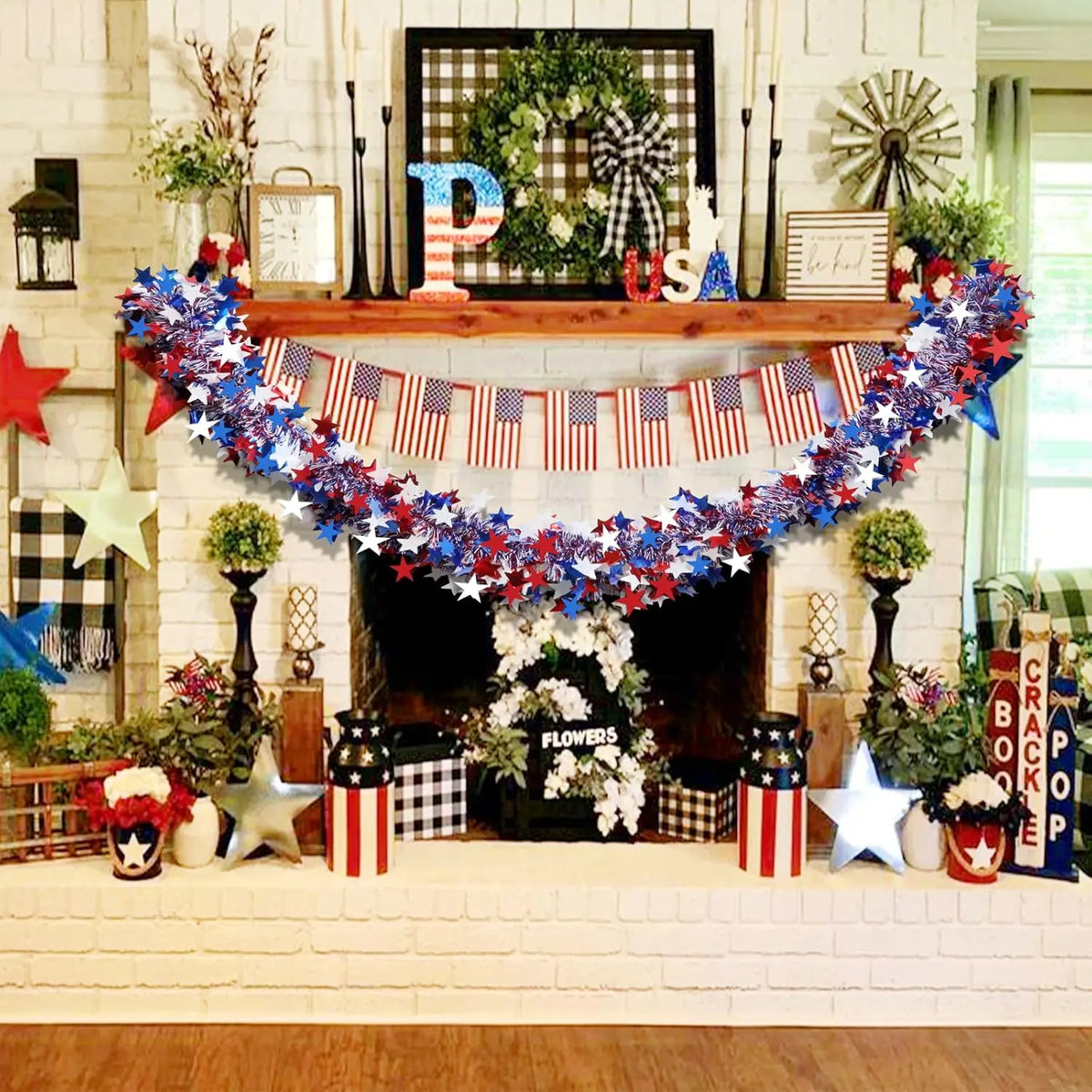 6.5Ft/200cm 4th of July Red White Blue Star Tinsel Garland Memorial Day Patriotic Decoration Independence Day Metallic Decor