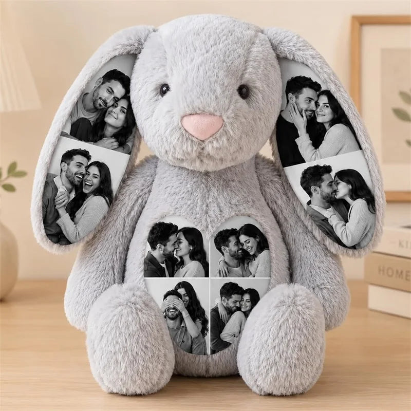 Custom Photo Bunny Plush with Hidden Ear Pictures Personalized Bunny Stuffed Animals Keepsake Gift for Couples Birthday Gifts