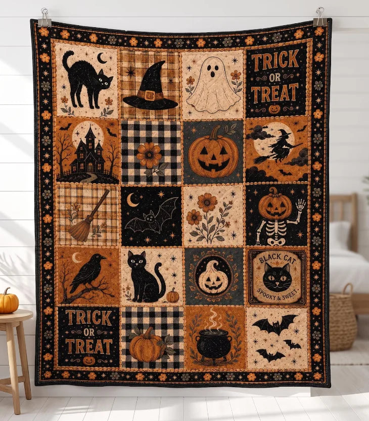 Halloween Quilt Blanket, Black Cat Ghost Pumpkin Throw, Spooky Bedding Decor Patchwork Blanket, Cozy Fall Halloween Home Decor