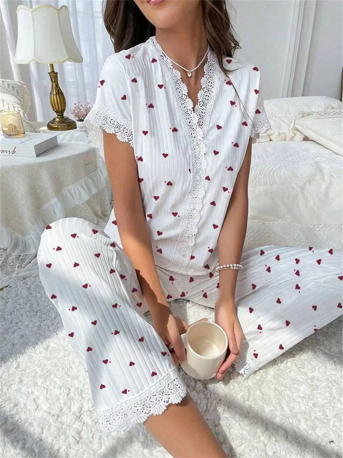 Sexy V-Neck Printed Pajamas Home Suit Set for Women's Hot Selling Cherry Lace Lace Short Sleeved Pants Summer Pajamas Set