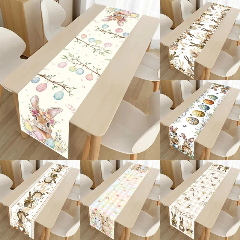 Easter Bunny Table Runner Rabbit Eggs Flower Table Cover Spring Holiday Easter Decorations For Home Kitchen Dining Table Decor