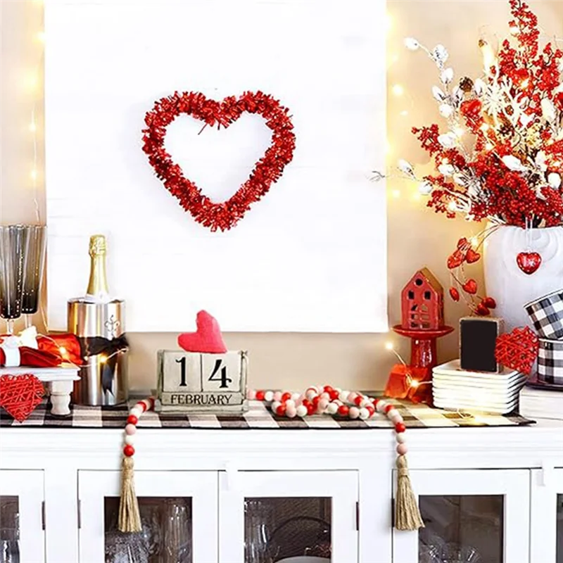 Valentine's Day Wood Bead Garland Farmhouse Beads With Tassel, Big Wall Hanging Decor-AT64