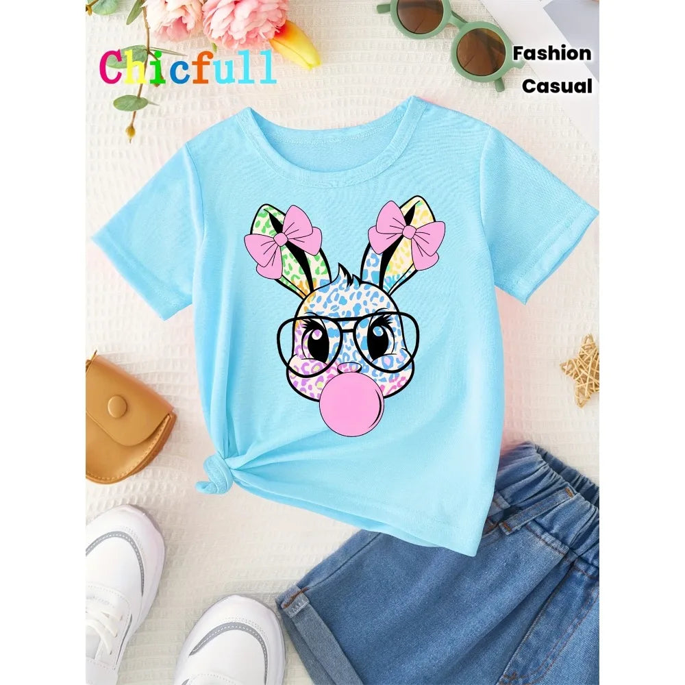 Summer EASTER Cute Bow Rabbit Print Children's Cotton Tshirt Casual Trendy Girls Short Sleeved Shirts Fashion Kids Clothes Tees