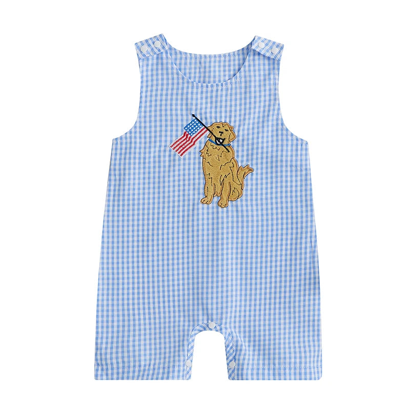 Citgeett Summer Independence Day Infant Boys 4th of July Jumpsuit Sleeveless Flag Embroidery Plaid Romper Clothes