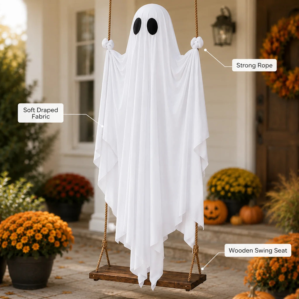 Halloween Swing Ghost Decoration Large Hanging White Ghost Outdoor Porch Yard Garden Party Decor