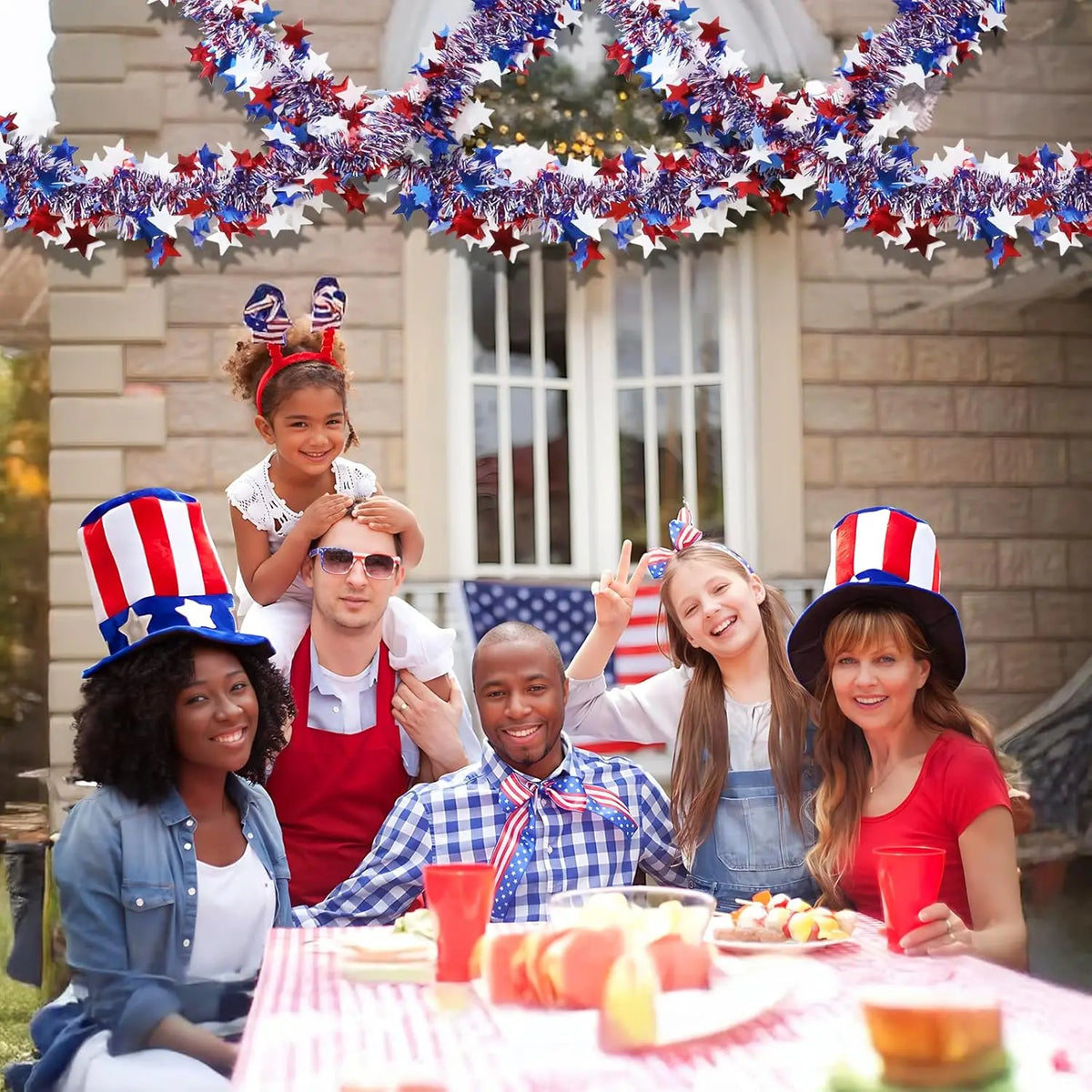 6.5Ft/200cm 4th of July Red White Blue Star Tinsel Garland Memorial Day Patriotic Decoration Independence Day Metallic Decor