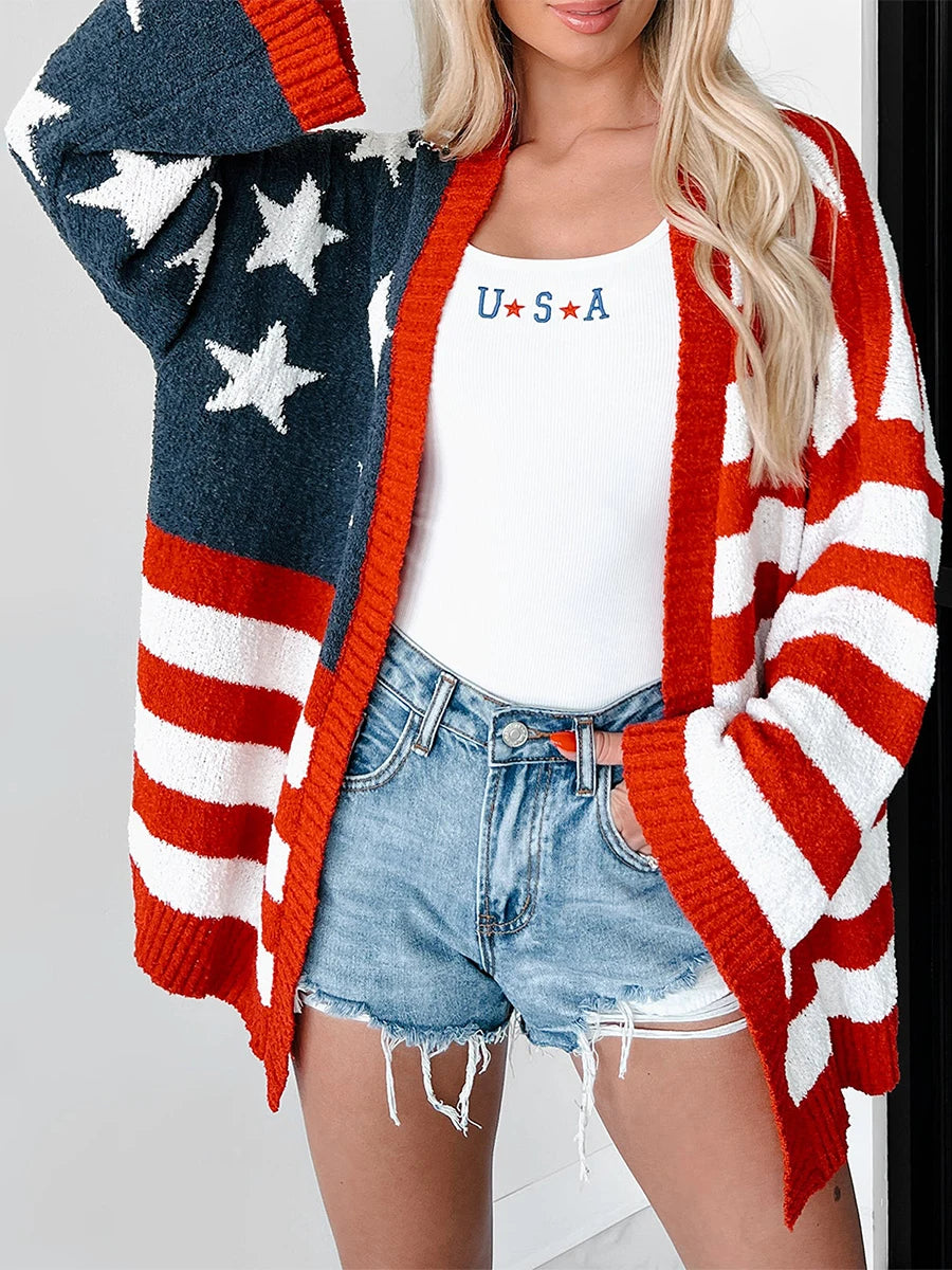 Women's Chic Flag Sweaters Cardigans 4th of July Long Sleeve Sweater Cardigans Open Front Knitwear Coat Tops
