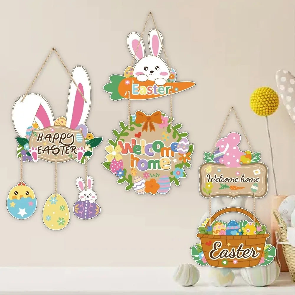 Happy Easter Cartoon Easter Door Hanger Paper Colorful Easter Hanging Ornament Handmade Bunny Egg Decor Wall Decor