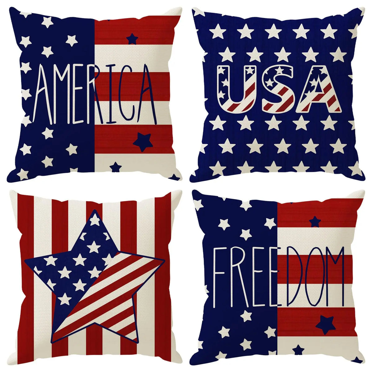 4th of July Pillow Covers 18x18 Set of 4 God Bless America Stars Flower Independence Day Decor Memorial Day Throw Cushion Case