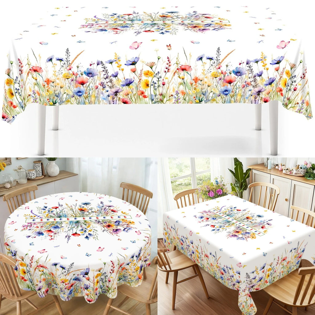 Spring Wildflower Tablecloth Floral Round Table Cover Polyester Table Decor for Easter Birthday Wedding Party Supplies