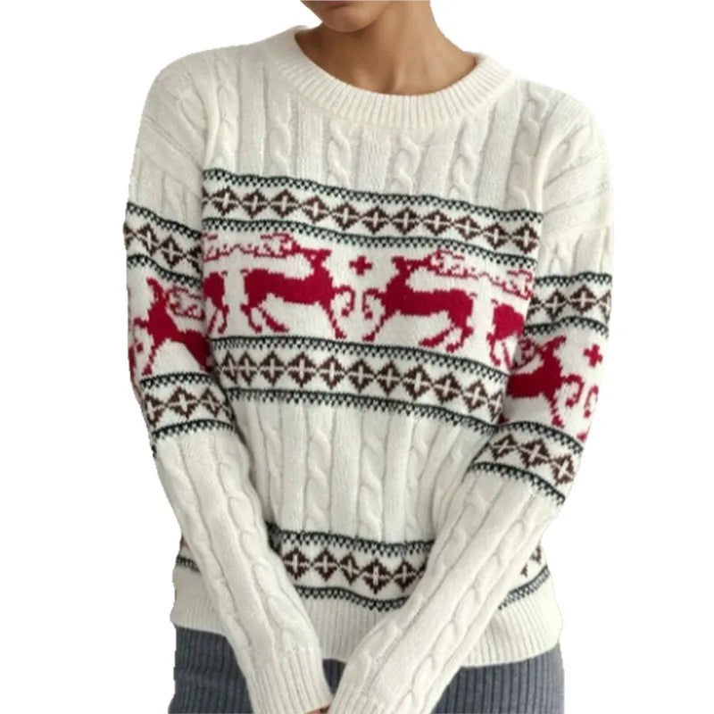 Women Fashion Christmas Reindeer Cable Knit Sweater Winter O-neck Long Sleeve Retro Pullover Casual Holiday Jumper Top