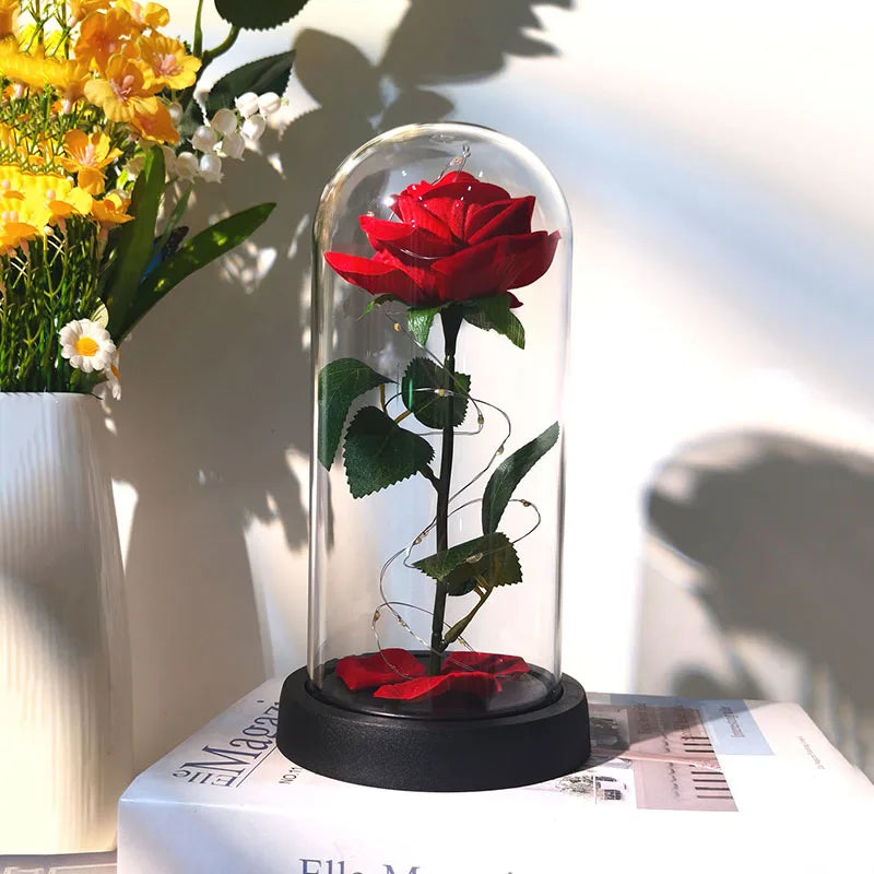 1pc LED Rose in Dome Decorative Lamp Valentine's Day Gifts for Her, Room Decor Artificial Flower with Warm Glow, Red Rose & Gree