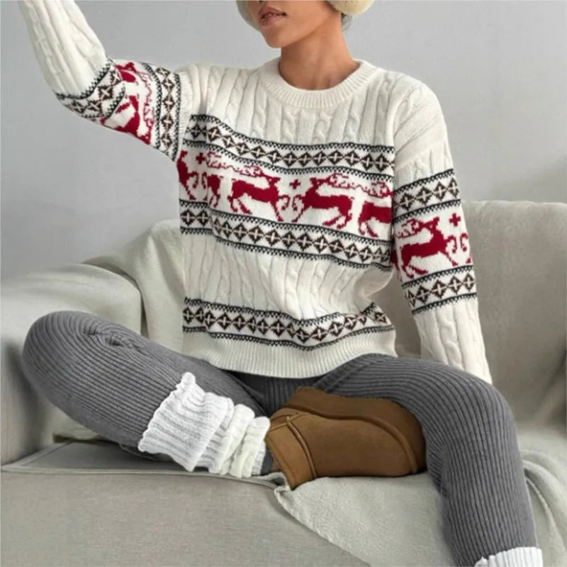 Women Fashion Christmas Reindeer Cable Knit Sweater Winter O-neck Long Sleeve Retro Pullover Casual Holiday Jumper Top