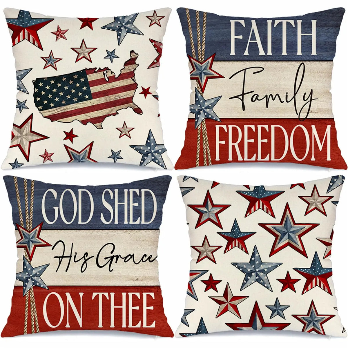 4th of July Pillow Covers 18x18 Set of 4 God Bless America Stars Flower Independence Day Decor Memorial Day Throw Cushion Case