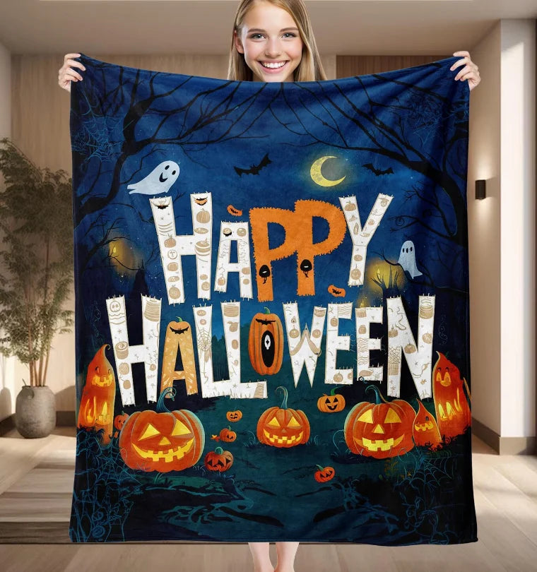 Halloween Quilt Blanket, Black Cat Ghost Pumpkin Throw, Spooky Bedding Decor Patchwork Blanket, Cozy Fall Halloween Home Decor