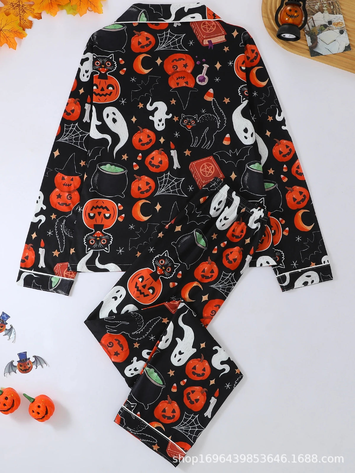 Halloween Women 2Pcs Pajama Set V Collar Long Sleeve Shirt Long Trousers Ghost Skull Moon Print Casual Home Sleepwear
