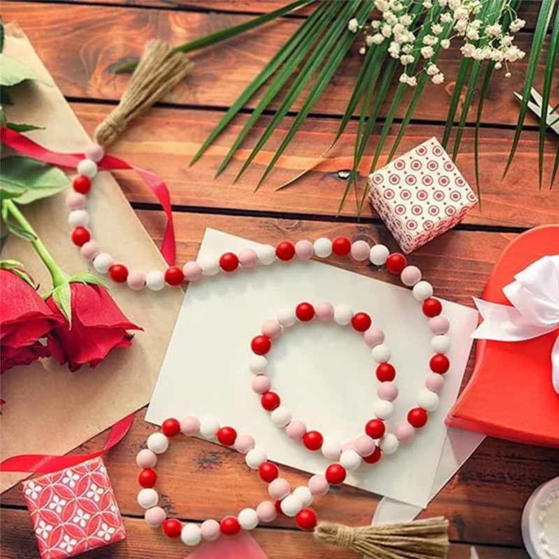 Valentine's Day Wood Bead Garland Farmhouse Beads With Tassel, Big Wall Hanging Decor-AT64