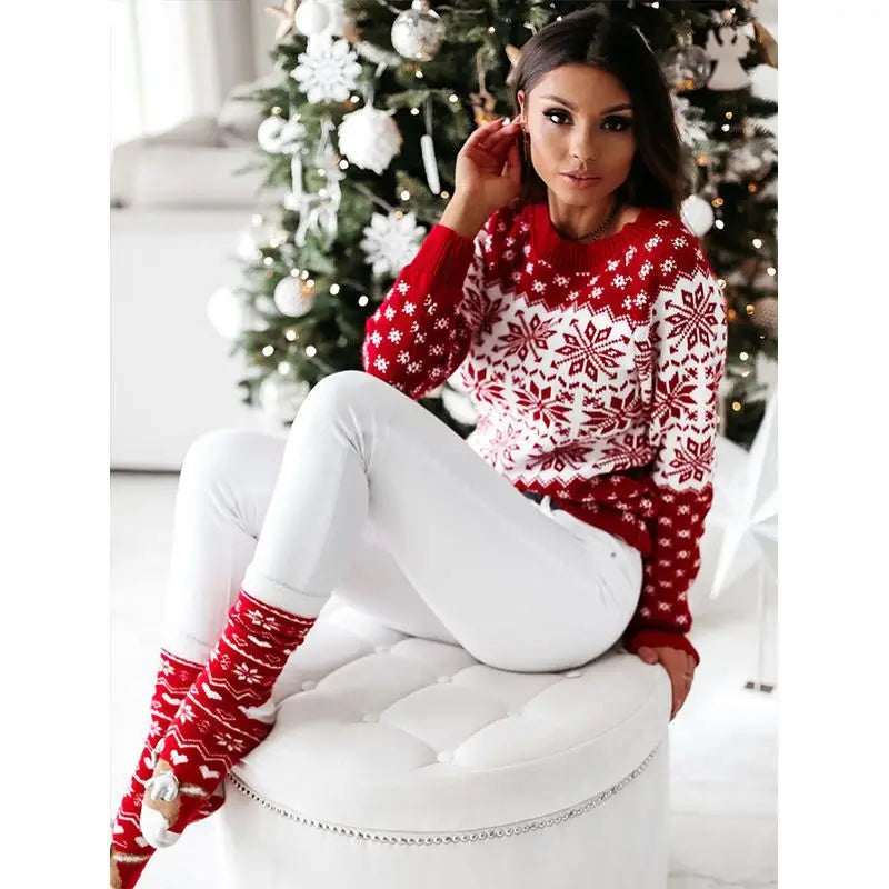 Women Winter Warm Sweater Christmas Snowflake Knitted Long Sleeve O Neck Ladies Jumper Fashion Casual Printed Pullover Clothes