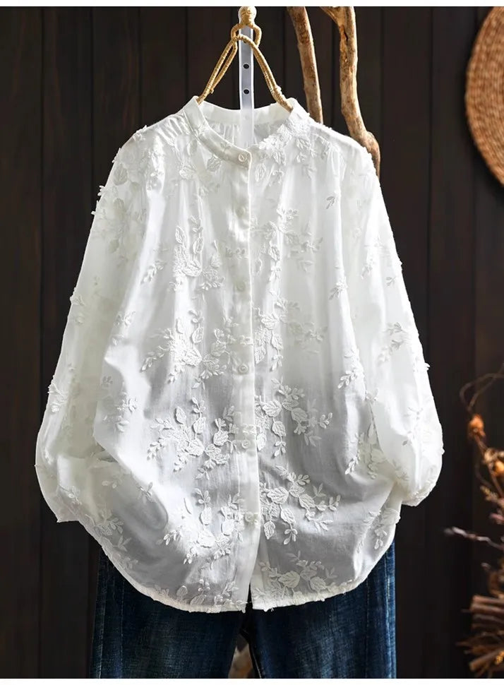 SuperAen Spring New Three-dimensional Flower Embroidered Cotton White Shirt Women Loose Sweet O-neck Long-sleeved Shirts