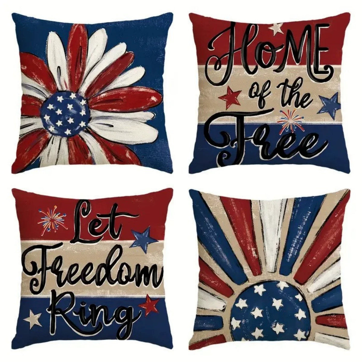 4th of July Pillow Covers 18x18 Set of 4 God Bless America Stars Flower Independence Day Decor Memorial Day Throw Cushion Case