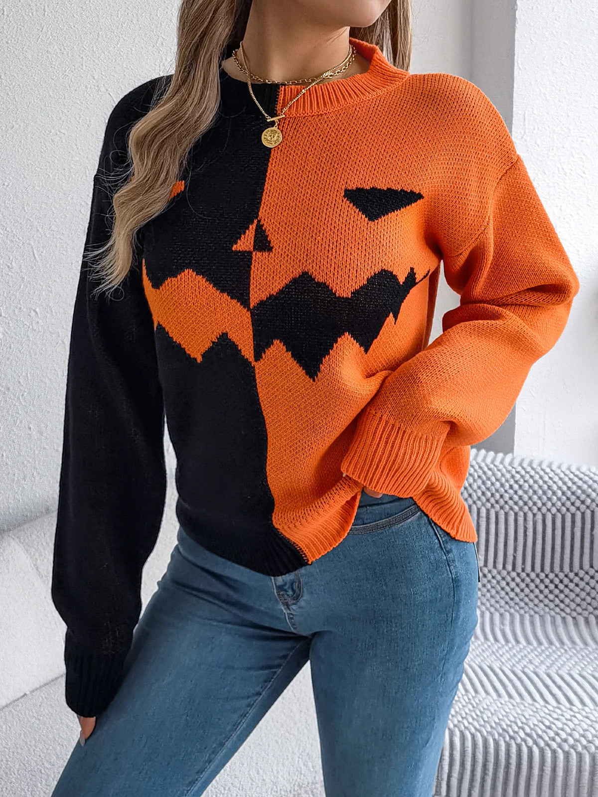 Halloween Women's Contrast Color Pumpkin Pattern Sweaters 2026 Autumn Winter Casual Round Neck Long Sleeve Knitted Pullover