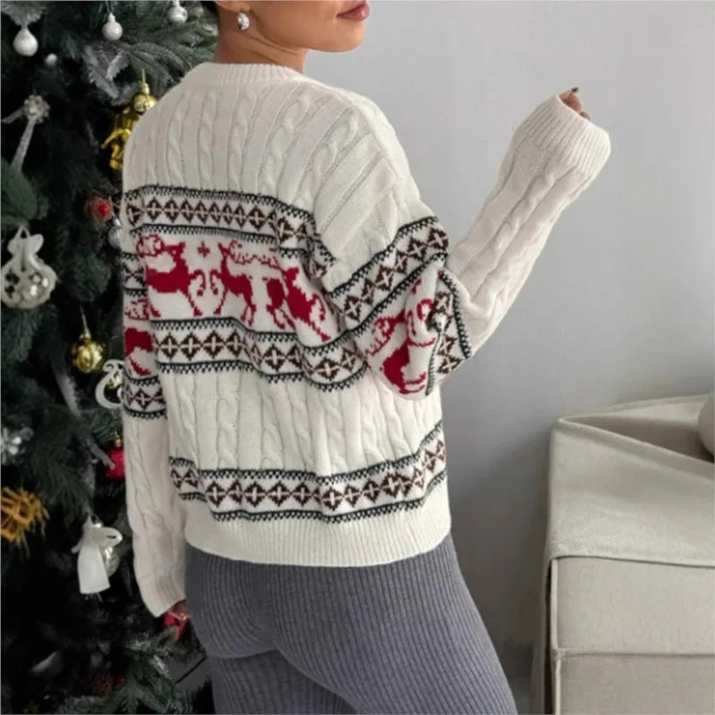 Women Fashion Christmas Reindeer Cable Knit Sweater Winter O-neck Long Sleeve Retro Pullover Casual Holiday Jumper Top