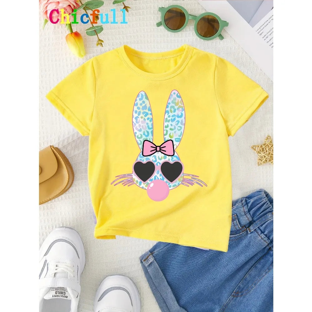 Summer EASTER Cute Bow Rabbit Print Children's Cotton Tshirt Casual Trendy Girls Short Sleeved Shirts Fashion Kids Clothes Tees