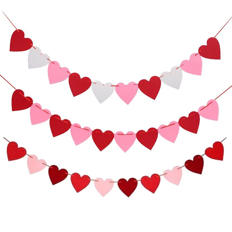 Felt Heart Garland Banner Valentines Decorations Red Pink White Heart Shaped Anniversary Wedding Birthday Party Decorations