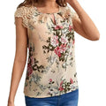 Women T-Shirt Spring Summer Light Beige Floral Print Round Neck Keyhole Shoulder Lace Sleeveless Sweet Elegant Daily Casual Top