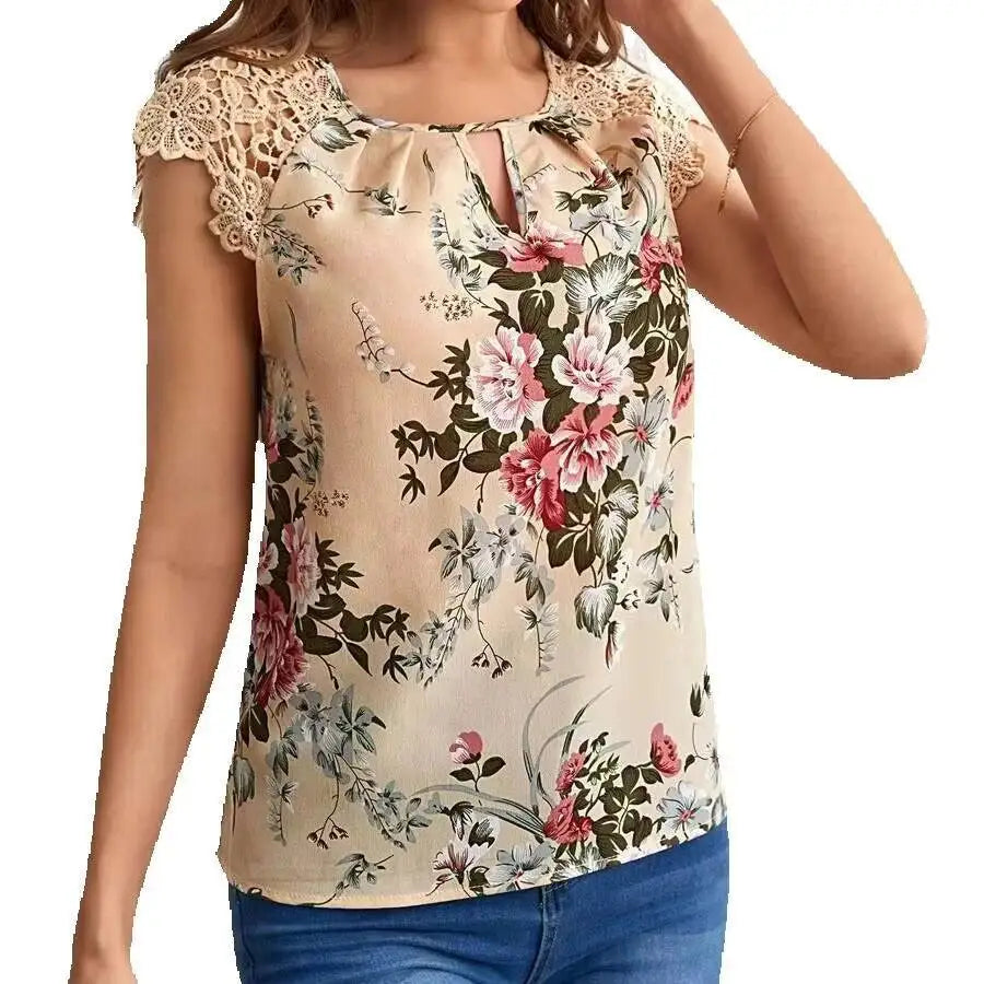 Women T-Shirt Spring Summer Light Beige Floral Print Round Neck Keyhole Shoulder Lace Sleeveless Sweet Elegant Daily Casual Top