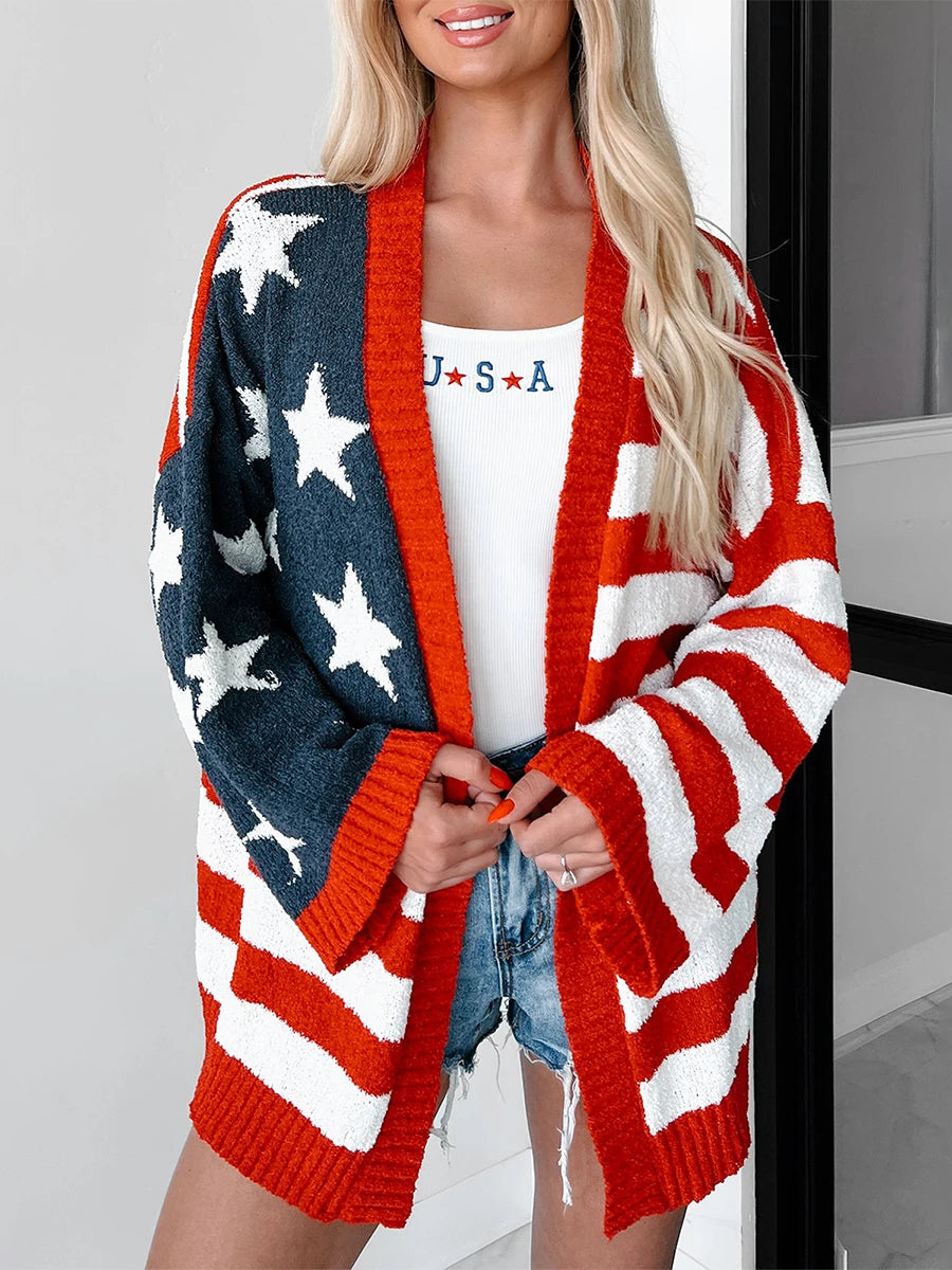 Women's Chic Flag Sweaters Cardigans 4th of July Long Sleeve Sweater Cardigans Open Front Knitwear Coat Tops