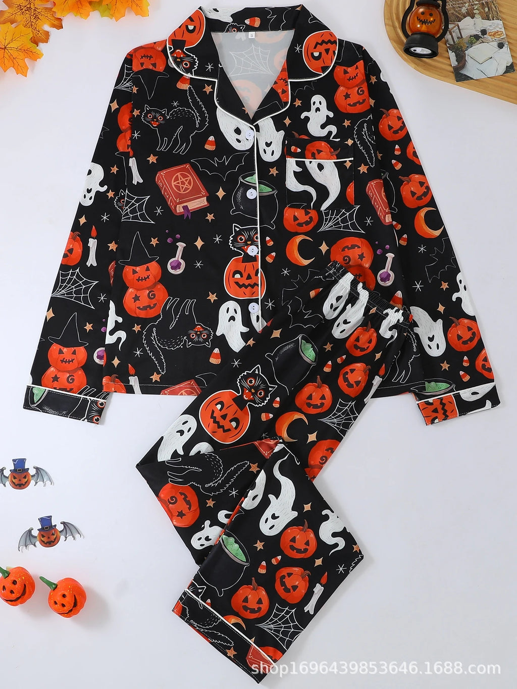 Halloween Women 2Pcs Pajama Set V Collar Long Sleeve Shirt Long Trousers Ghost Skull Moon Print Casual Home Sleepwear