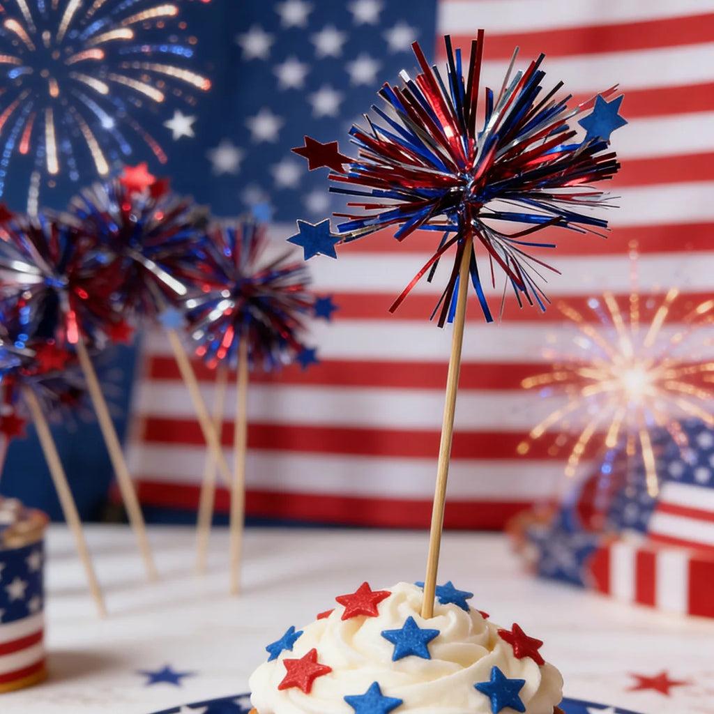 20Pcs Independence Day Theme Sequin Cake Toppers Fruit Forks for 4th of July American National Day Party Cupcake Decoration