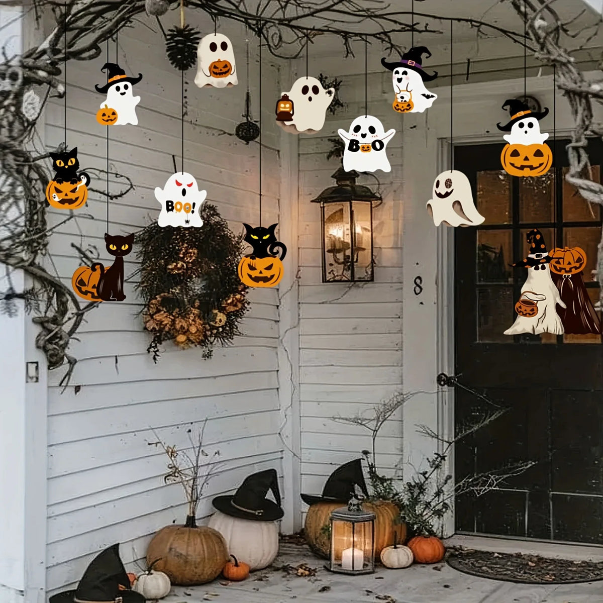 Halloween Hanging Ornaments Ghost Black Cat Pumpkin Witch Hat Hanging Decor for Spooky Halloween Party Porch Ceiling Decoration