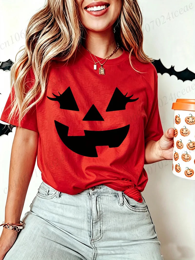 Funny Evil Pumpkin Face Halloween Women Tees Funny Spooky Season Tshirt Female Clothes Short Sleeve Tops Fashion Graphic Shirt