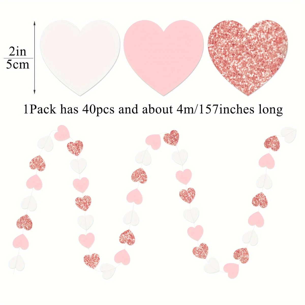 1pc Rose-Golden Pink White Party Decorations - Paper Heart Streamers Garland Galentines Valentines Day Decorations