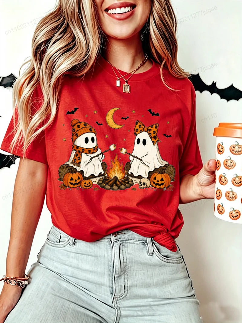 Women Halloween-Cute-Ghost-Camping-Fall Graphic T Shirt Casual Short Sleeve Tee Top Holiday T-shirt Women Fashion Daily Outfits
