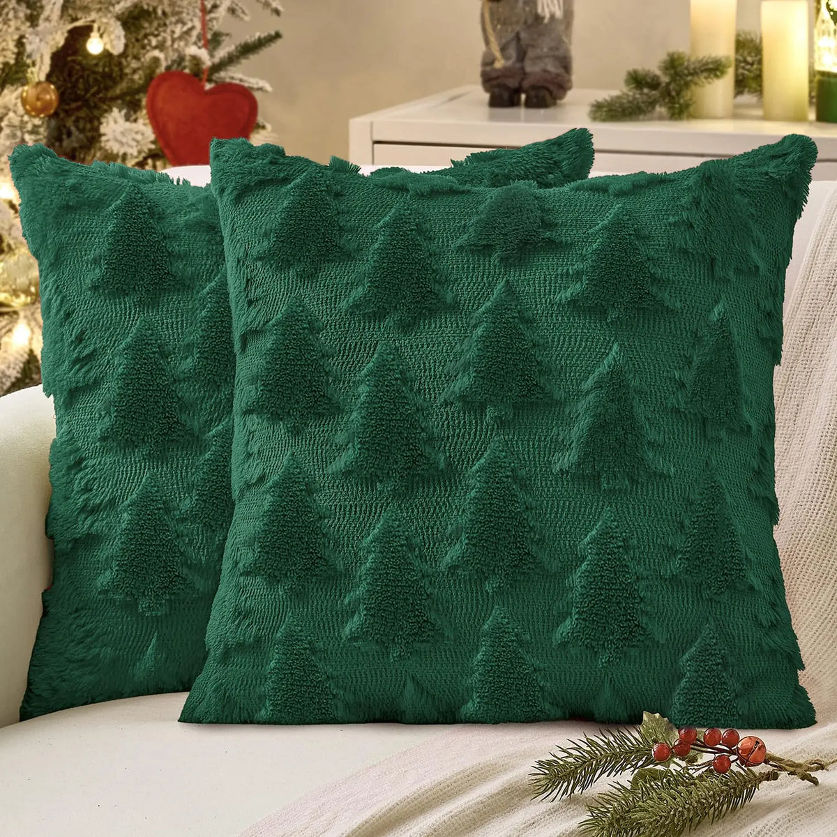 Christmas Throw Pillow Covers Set of 2 Xmas Tree 18x18 Pillow Covers Soft Plush Faux Wool Pillowcases Festival Winter Home Decor