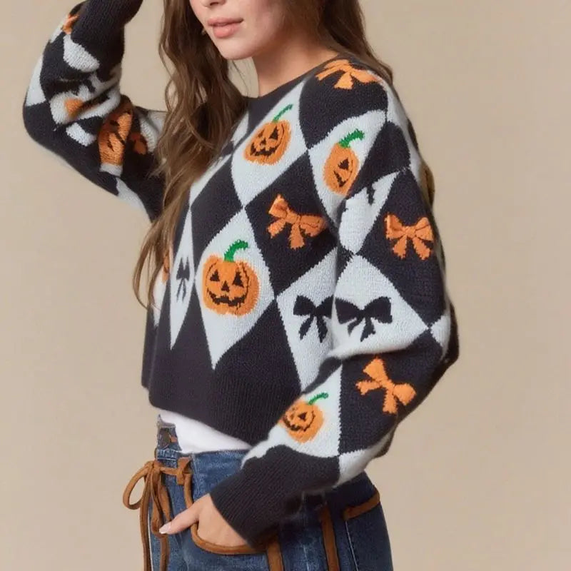 Combhasaki Women Halloween Knitted Sweater Jumpers Round Neck Long Sleeve Pumpkin Bowknot Print Cropped Knitwear Pullover Tops