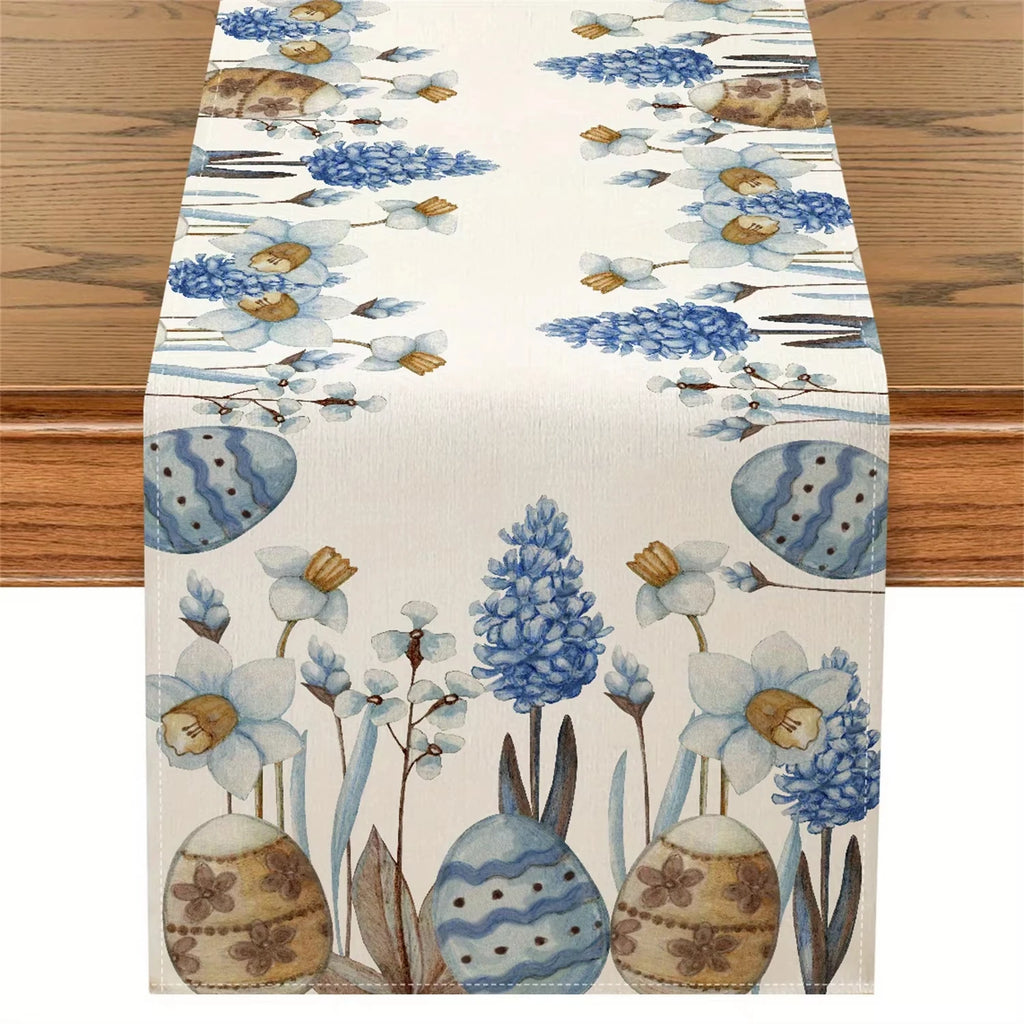 Easter Blue Eggs & Floral Linen Table Runner - Spring Botanical Dresser Scarf for Kitchen Dining Home Holiday Party Decor