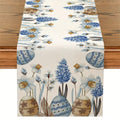 Easter Blue Eggs & Floral Linen Table Runner - Spring Botanical Dresser Scarf for Kitchen Dining Home Holiday Party Decor